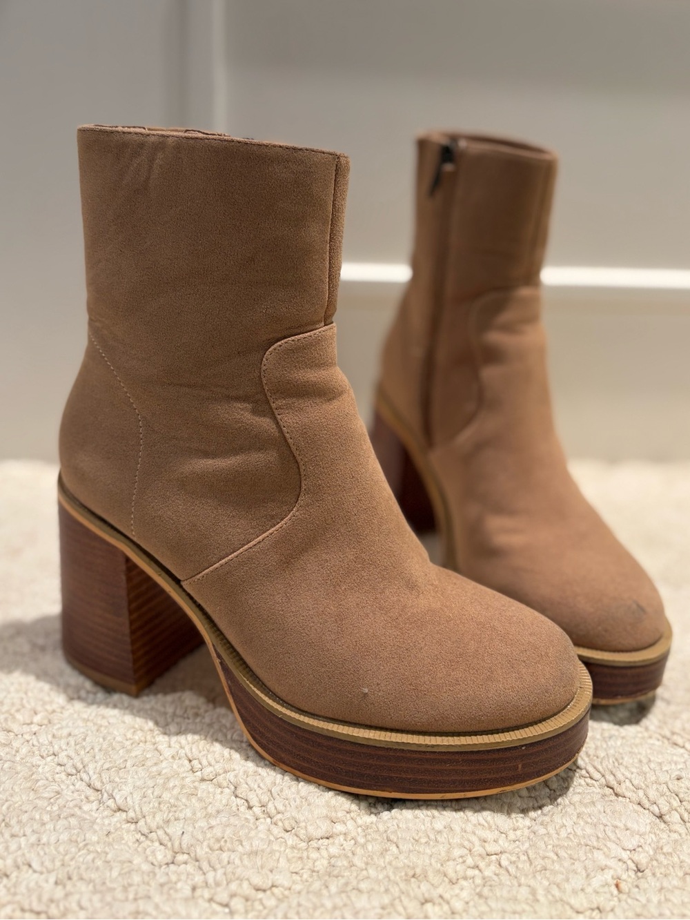 Tan Suede Platform Block Heel Ankle Boots Size 6